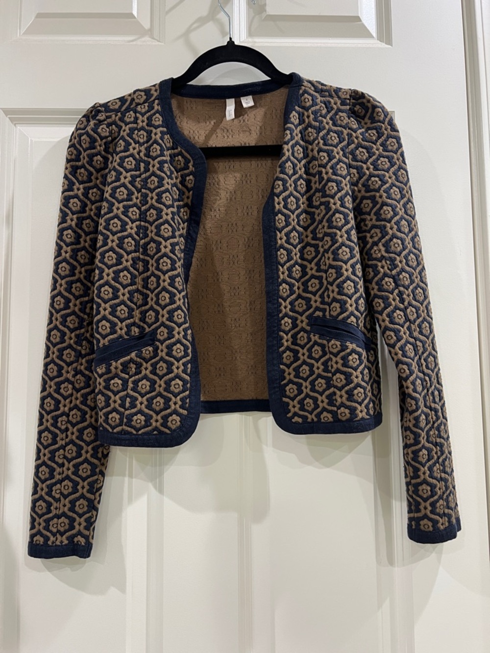 Frenchi Quilted Geometric Floral Jacket, Navy/Tan, Size Small